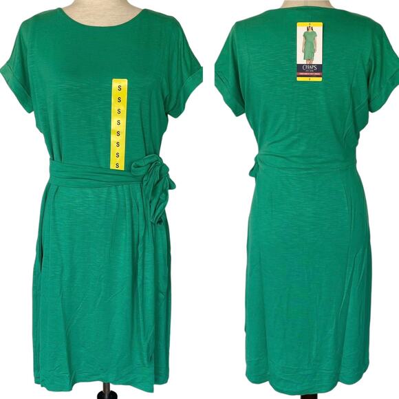 NEW CHAPS Crew Neck Knit Dress Green Size Small Wrap Tie Waist Business Casual - Picture 1 of 6